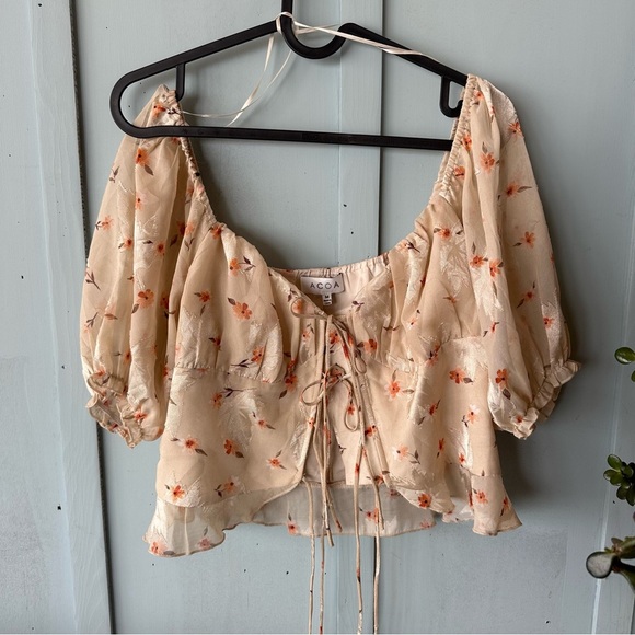 ACOA Orange Tan Puff Sleeve Front Tie Crop Blouse - Picture 1 of 5